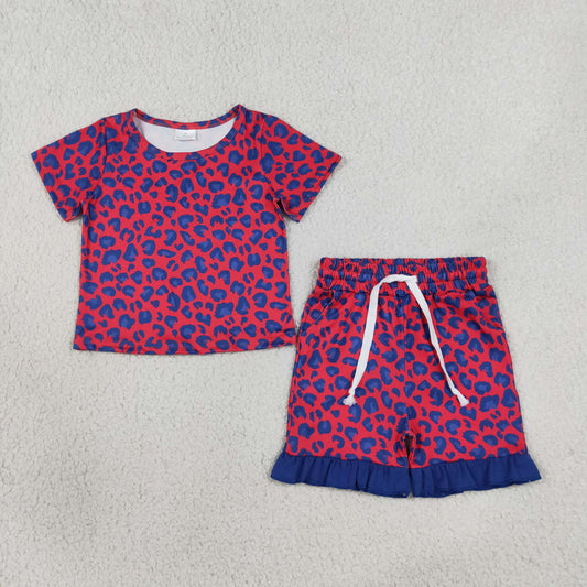GSSO3811 Rose Red Blue Leopard Ruffle Short Sleeve Shorts Girls Sets 202608 RTS