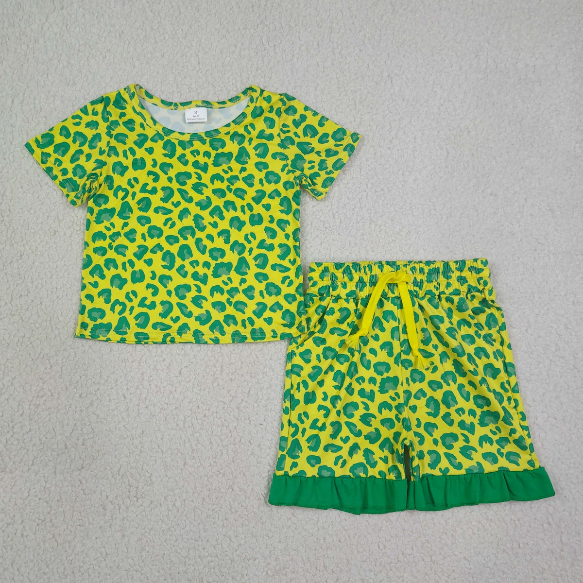 GSSO3812 Yellow Green Leopard Ruffle Short Sleeve Shorts Girls Sets 202608 RTS