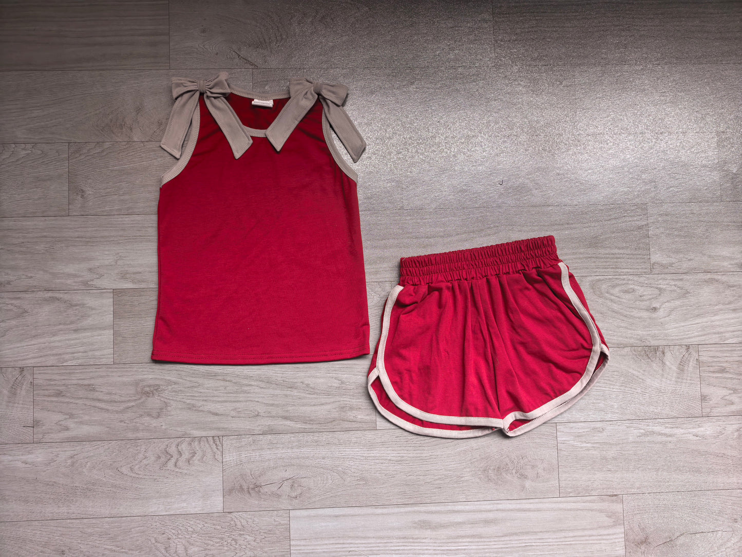 NO MOQ Preorder GSSO3820 GO TEAM Bows Gray Red Sleeveless Shorts Girls Sets 202607(Please contact me for custom orders.)
