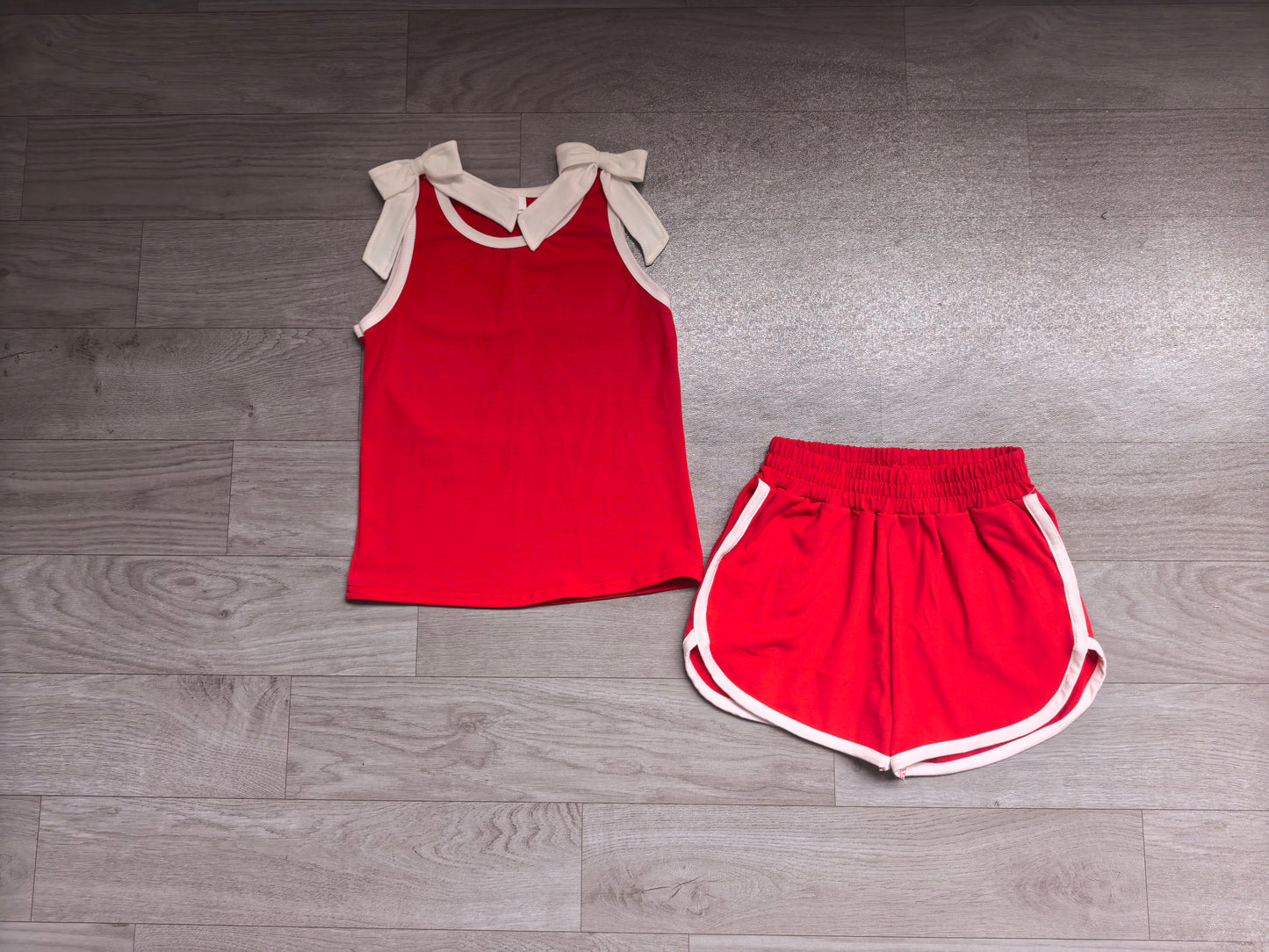 NO MOQ Preorder GSSO3821 GO TEAM Bows White Red Sleeveless Shorts Girls Sets 202607(Please contact me for custom orders.)