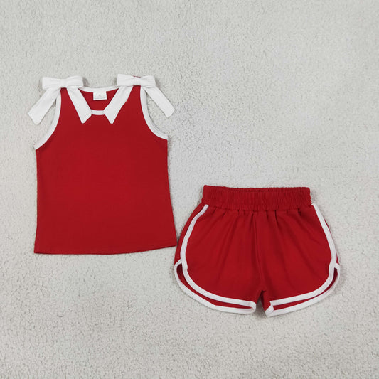 GSSO3821 GO TEAM Bows White Red Sleeveless Shorts Girls Sets 202608 RTS (Please contact me for custom orders.)