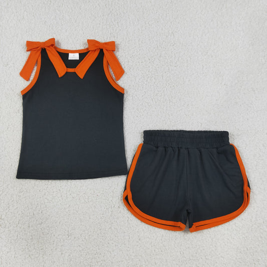 GSSO3822 GO TEAM Bows Orange Black Sleeveless Shorts Girls Sets 202608 RTS(Please contact me for custom orders.)