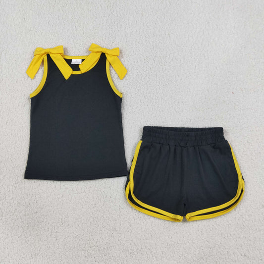 GSSO3823 GO TEAM Bows Yellow Black Sleeveless Shorts Girls Sets 202608 RTS (Please contact me for custom orders.)