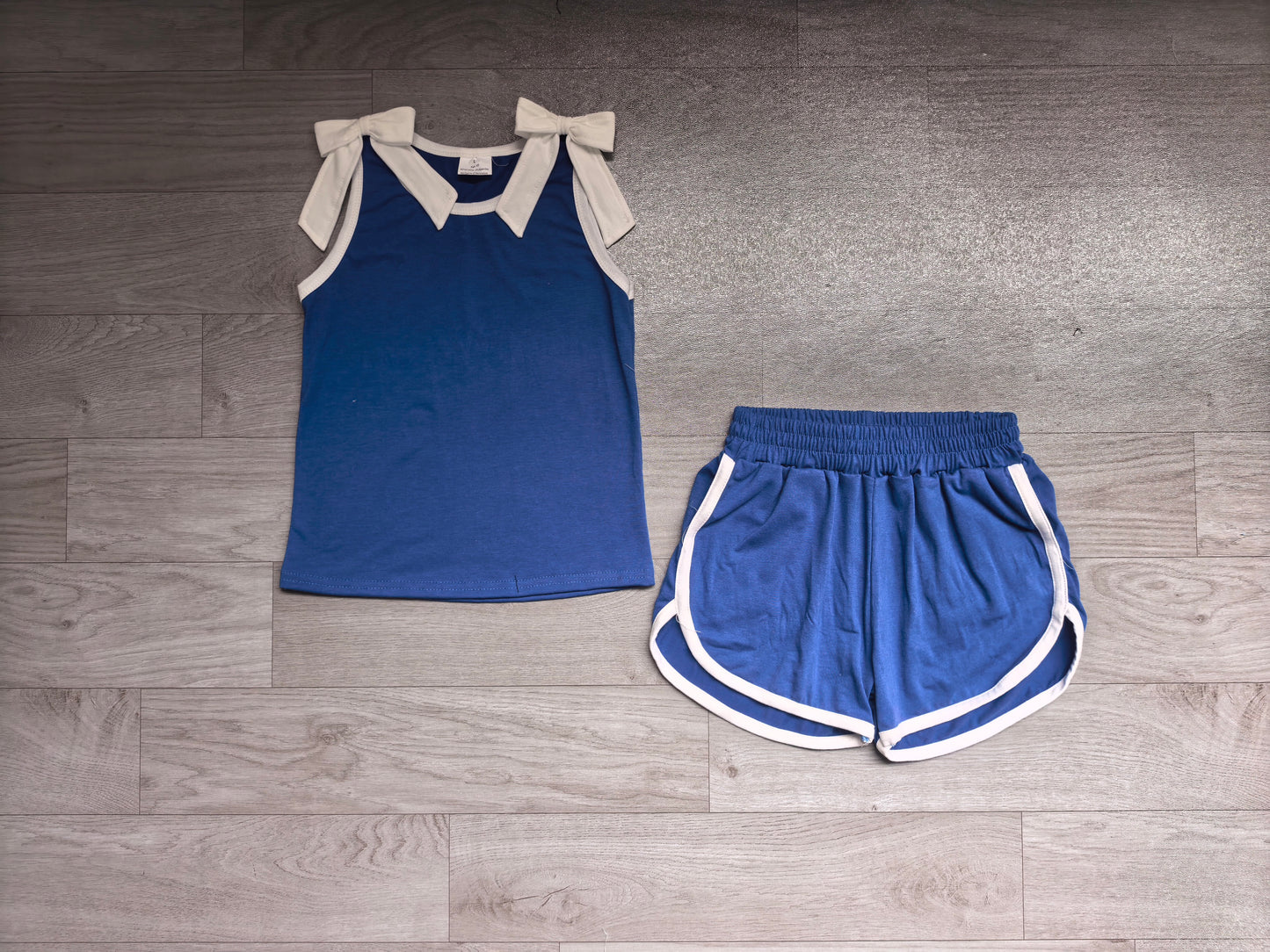NO MOQ Preorder GSSO3824 GO TEAM Bows White Blue Sleeveless Shorts Girls Sets 202607 (Please contact me for custom orders.)