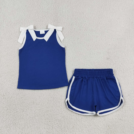 GSSO3824 GO TEAM Bows White Blue Sleeveless Shorts Girls Sets 202607 RTS(Please contact me for custom orders.)