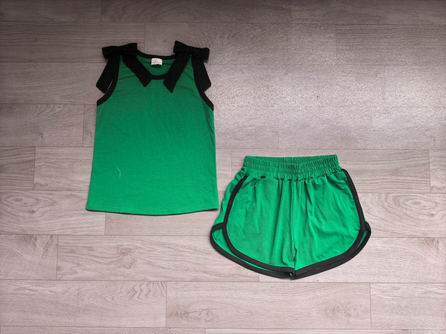 NO MOQ Preorder GSSO3825 GO TEAM Bows Black Green Sleeveless Shorts Girls Sets 202607 (Please contact me for custom orders.)