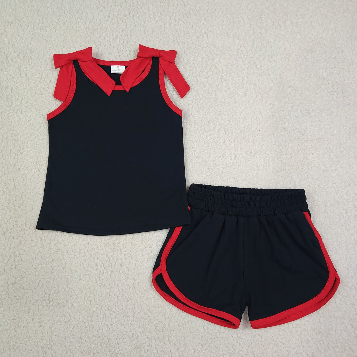 GSSO3827 GO TEAM Bows Red Black Sleeveless Shorts Girls Sets 202608 RTS (Please contact me for custom orders.)