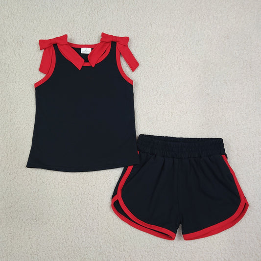 GSSO3827 GO TEAM Bows Red Black Sleeveless Shorts Girls Sets 202608 RTS (Please contact me for custom orders.)