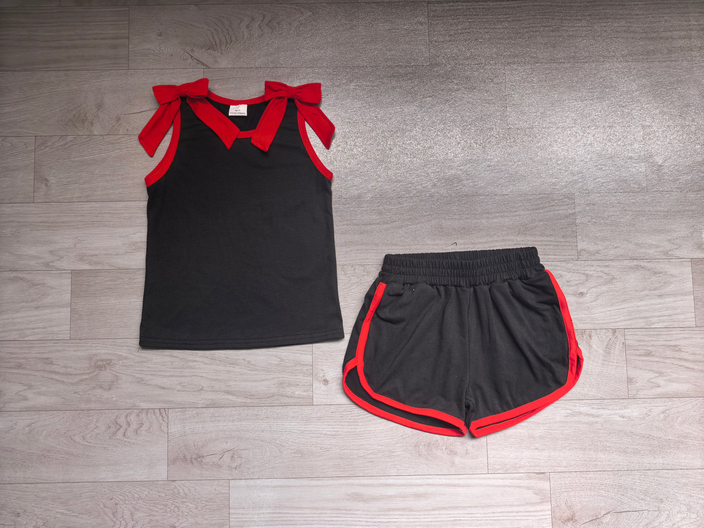 NO MOQ Preorder GSSO3827 GO TEAM Bows Red Black Sleeveless Shorts Girls Sets 202607 (Please contact me for custom orders.)