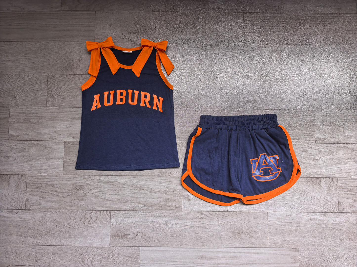 NO MOQ Preorder GSSO3828 Offset Printing GO TEAM AUBURN Bows Orange Navy Sleeveless Shorts Girls Sets 202607(Please contact me for custom orders.)