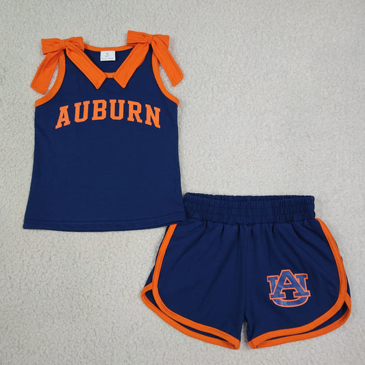 GSSO3828 Offset Printing GO TEAM AUBURN Bows Orange Navy Sleeveless Shorts Girls Sets 202608 RTS(Please contact me for custom orders.)