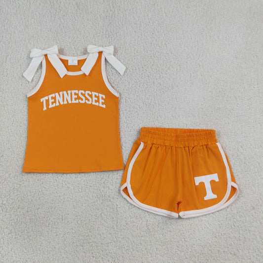 GSSO3829 Offset Printing GO TEAM TENNESSEE Bows White Orange Sleeveless Shorts Girls Sets 202608 RTS(Please contact me for custom orders.)