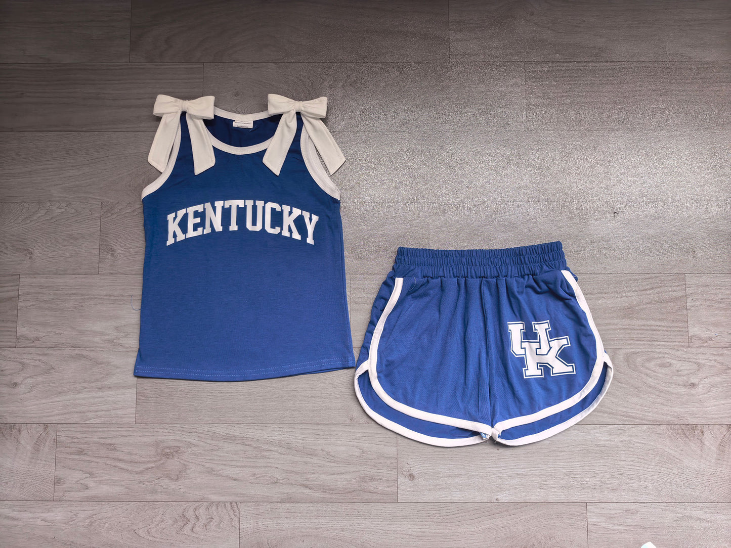 NO MOQ Preorder GSSO3830 Offset Printing GO TEAM KENTUCKY Bows White Blue Sleeveless Shorts Girls Sets 202607(Please contact me for custom orders.)