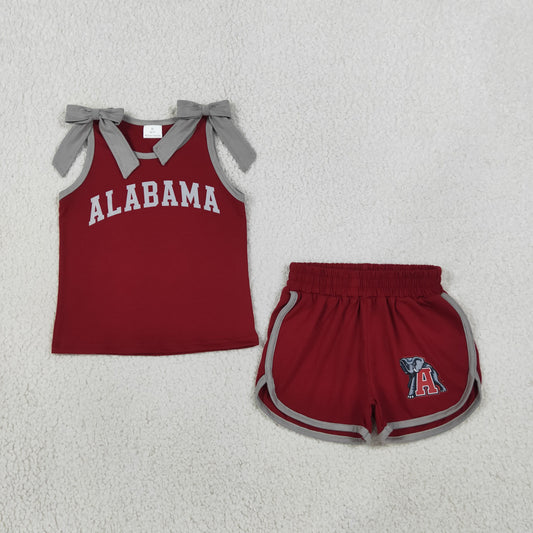 GSSO3831 Offset Printing GO TEAM ALABAMA Bows Gray Red Sleeveless Shorts Girls Sets 202608 RTS(Please contact me for custom orders.)
