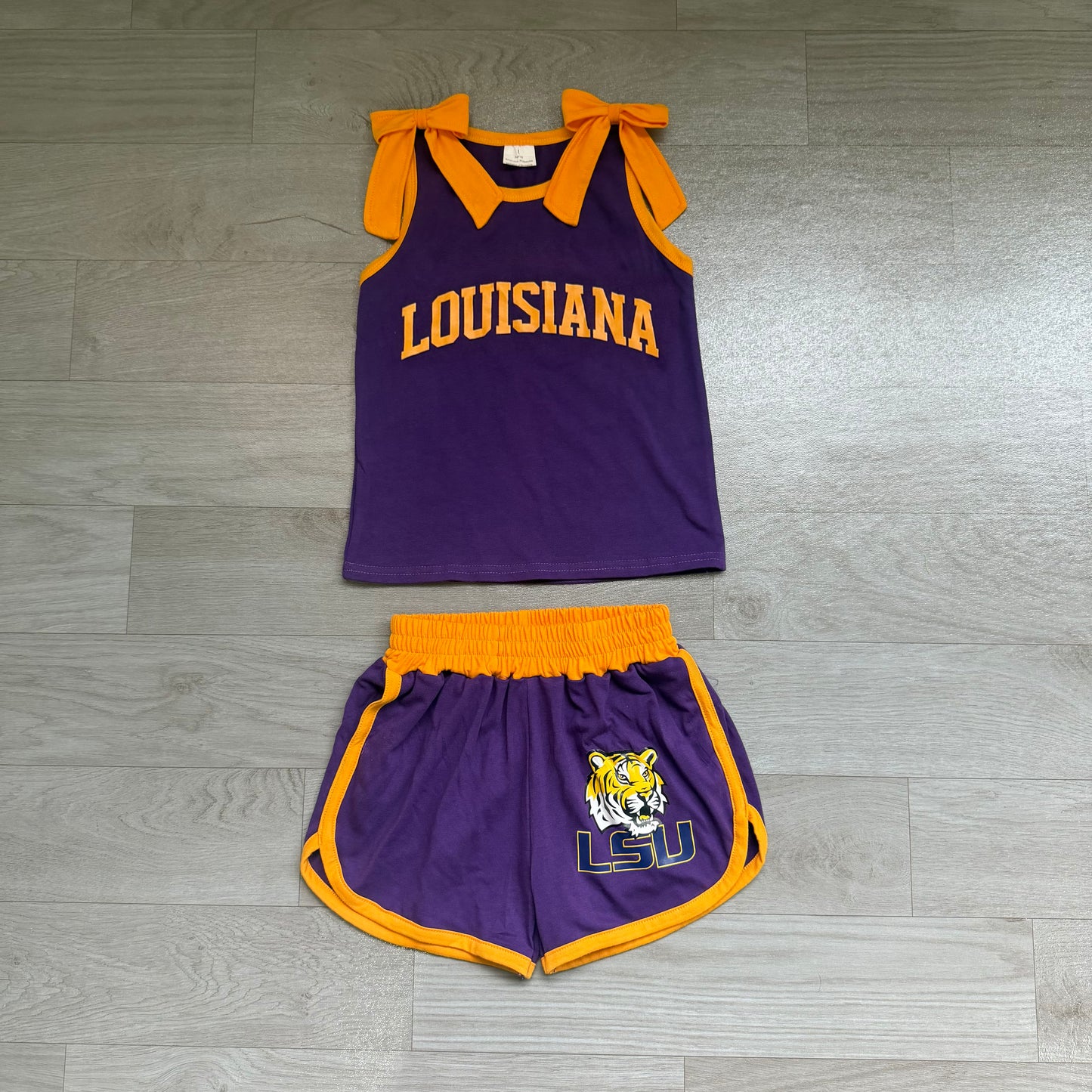 NO MOQ Preorder GSSO3832 Offset Printing GO TEAM LOUISIANA Bows Orange Purple Sleeveless Shorts Girls Sets 202607(Please contact me for custom orders.)