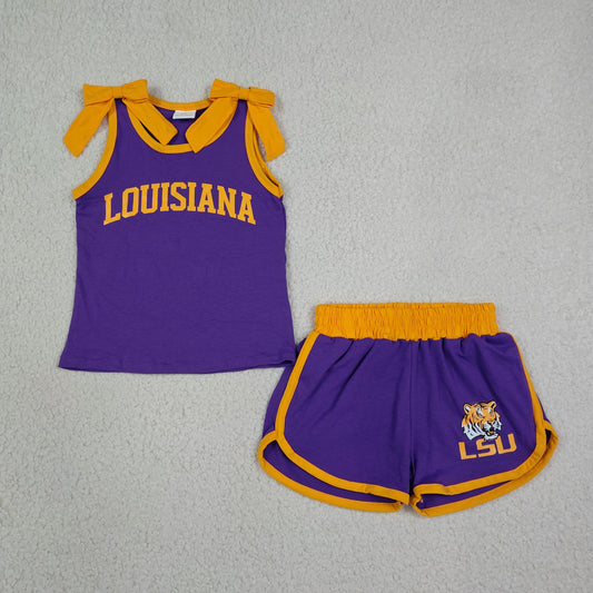 GSSO3832 Offset Printing GO TEAM LOUISIANA Bows Orange Purple Sleeveless Shorts Girls Sets 202607 RTS(Please contact me for custom orders.)