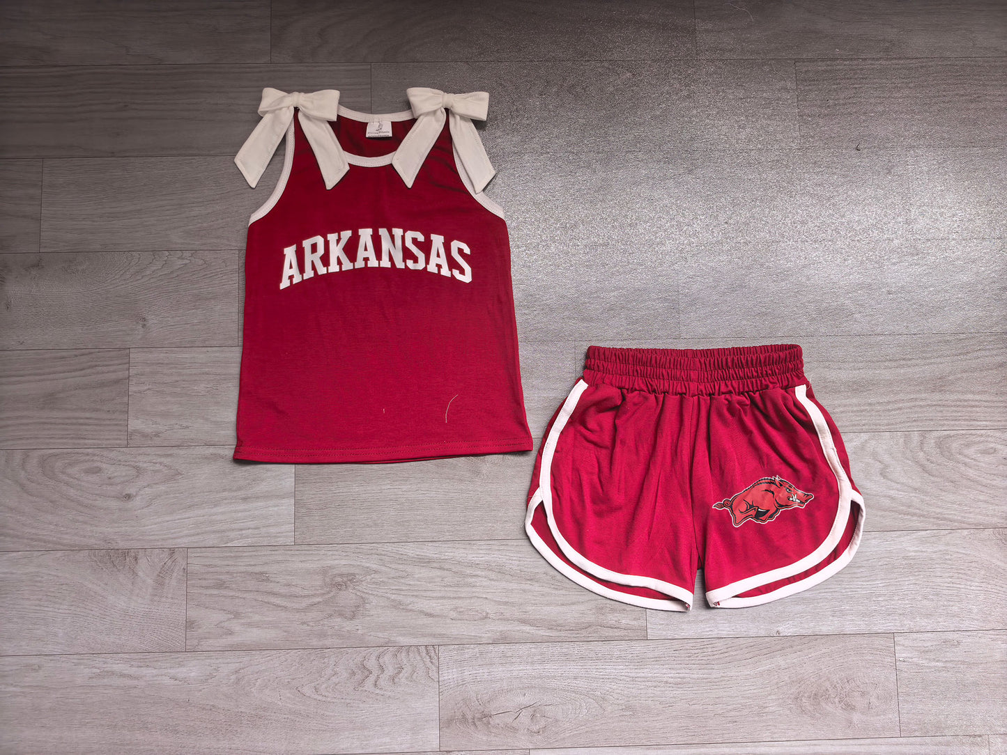 NO MOQ Preorder GSSO3833 Offset Printing GO TEAM ARKANSAS Bows White Red Sleeveless Shorts Girls Sets 202607(Please contact me for custom orders.)