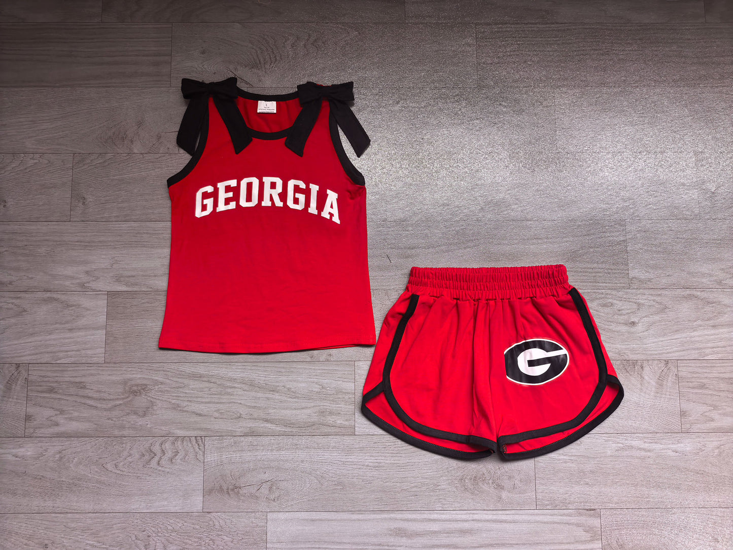 NO MOQ Preorder GSSO3834 Offset Printing GO TEAM GEORGIA Bows Black Red Sleeveless Shorts Girls Sets 202607(Please contact me for custom orders.)
