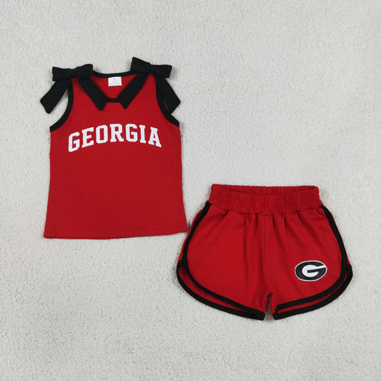 GSSO3834 Offset Printing GO TEAM GEORGIA Bows Black Red Sleeveless Shorts Girls Sets 202607 RTS(Please contact me for custom orders.)