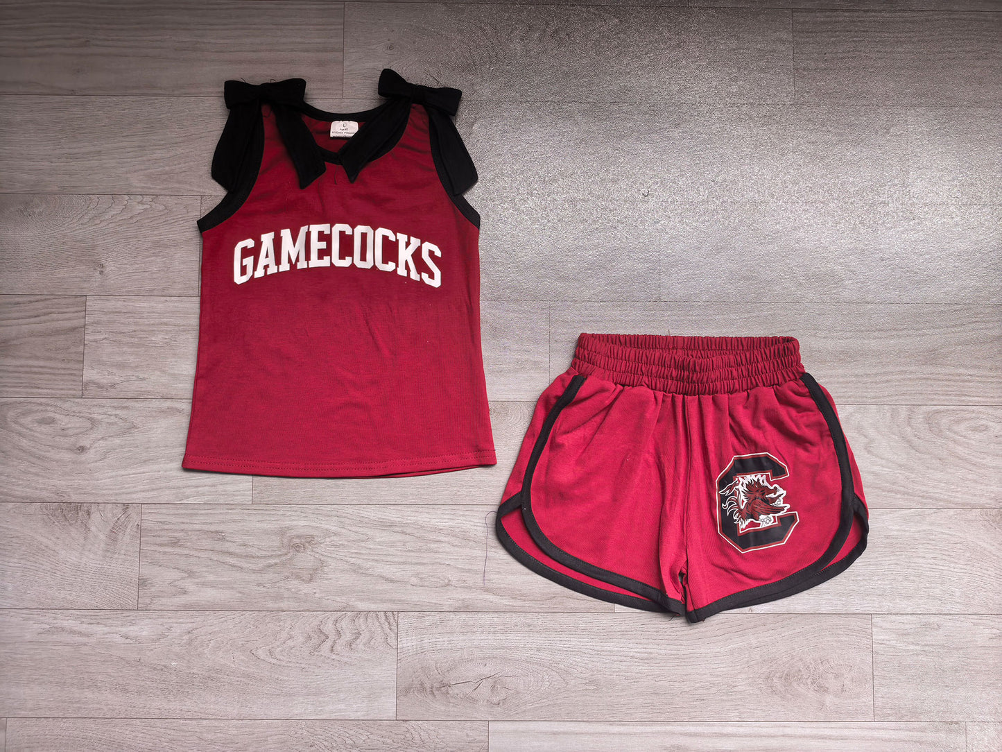NO MOQ Preorder GSSO3835 Offset Printing GO TEAM GAMECOCKS Bows Black Red Sleeveless Shorts Girls Sets 202607(Please contact me for custom orders.)