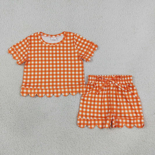 GSSO3839 Orange Plaid Scalloped Short Sleeve Shorts Girls Sets 202607 RTS