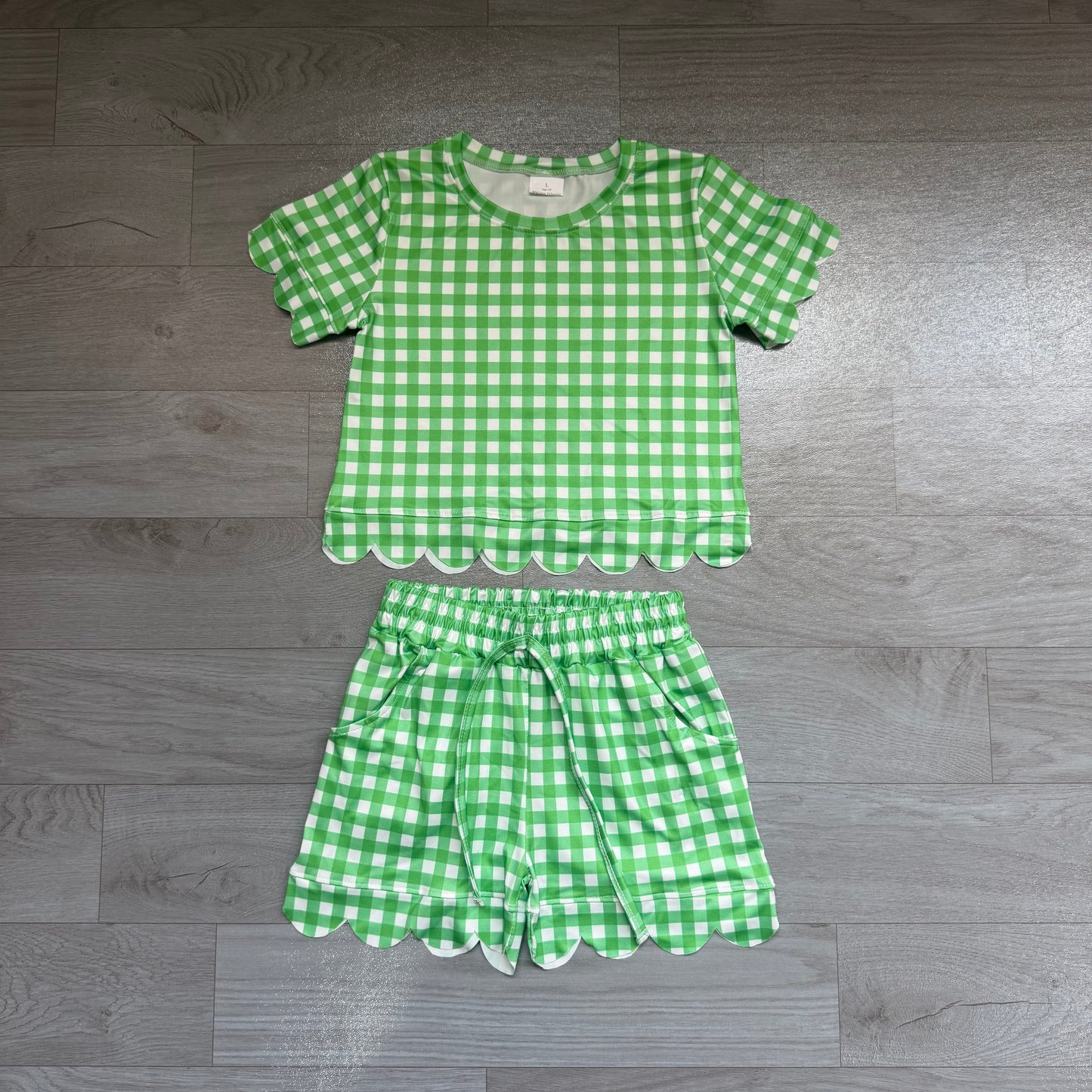 NO MOQ Preorder GSSO3840 Green Plaid Scalloped Short Sleeve Shorts Girls Sets 202607