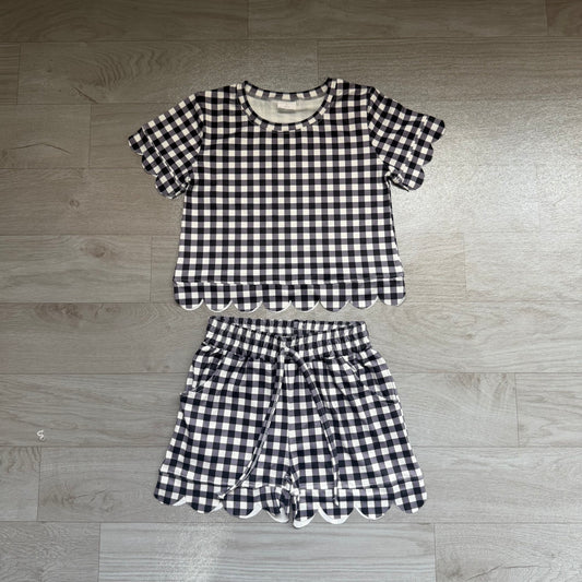 NO MOQ Preorder GSSO3842 Black Plaid Scalloped Short Sleeve Shorts Girls Sets 202607