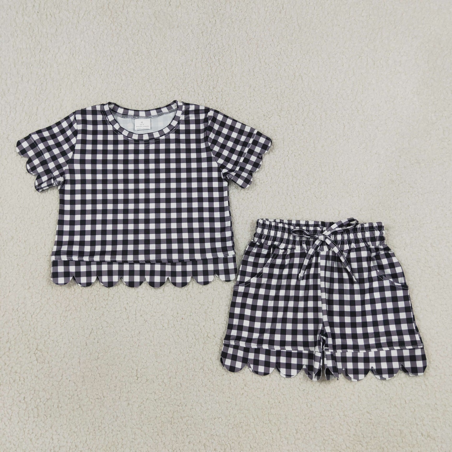 GSSO3842 Black Plaid Scalloped Short Sleeve Shorts Girls Sets 202608 RTS