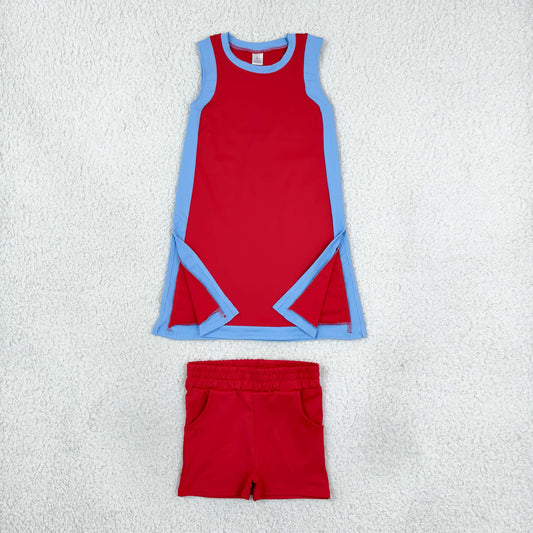 GSSO3846 Solid Color Blue Red Yoga Girl's Dress Shorts Set