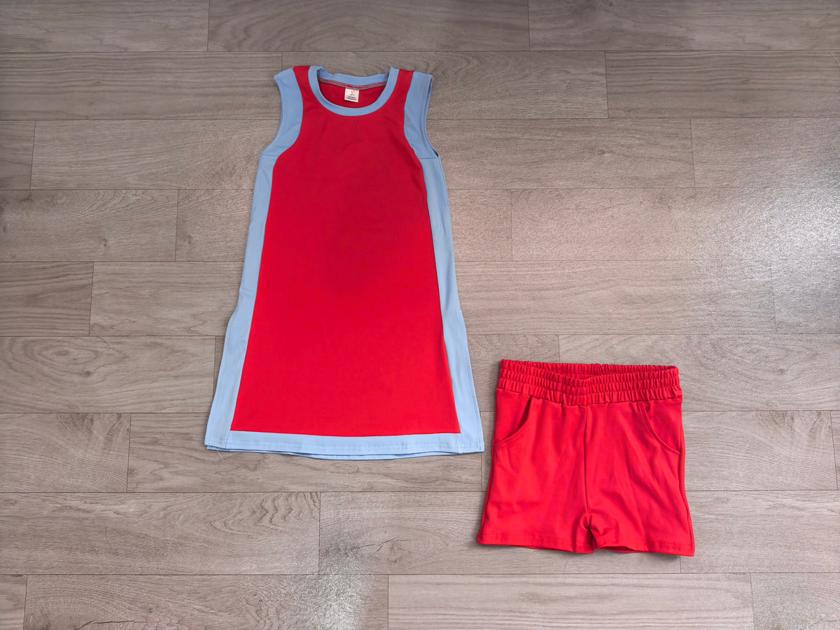 NO MOQ Preorder GSSO3846 Blue Red Sleeveless Shorts Girls Sets 202608