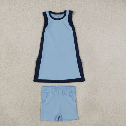 GSSO3847 Solid Color Blue Color Yoga Girl's Dress Shorts Set
