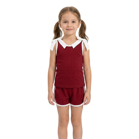 GSSO3855 Team Solid Color Dark Red White Bows Girls Shorts Set