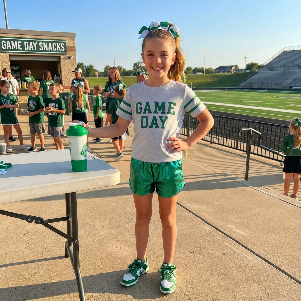 GSSO3871 Vinyl GAME DAY Dark Green Leather Girls Shorts Set