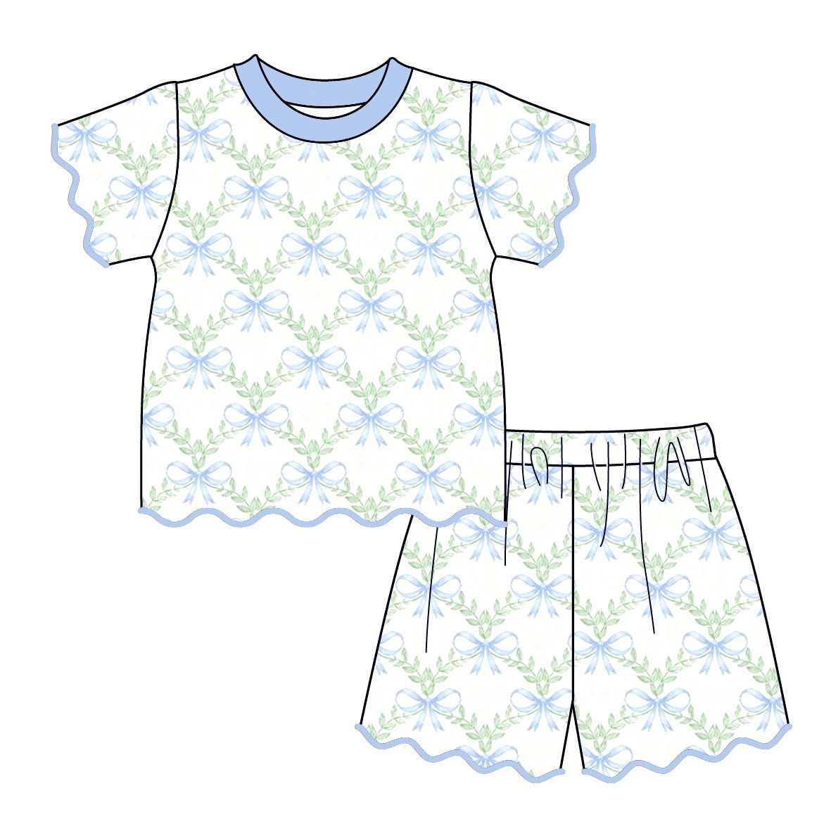 Preorder MOQ 5 pcs GSSO3877 Leaves Bows Blue Scallop Edge Girls Shorts Set