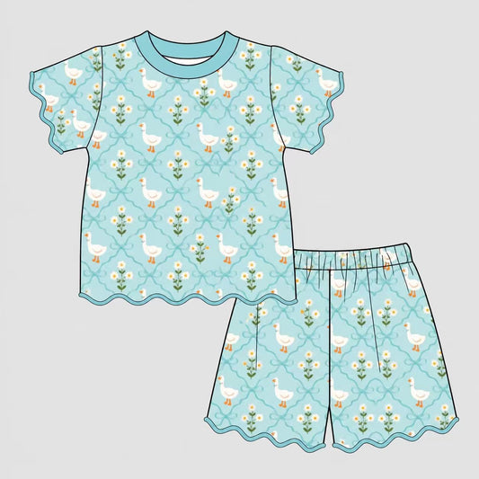 Preorder MOQ 5 pcs GSSO3878 Goose Flower Blue Green Scallop Edge Girls Shorts Set