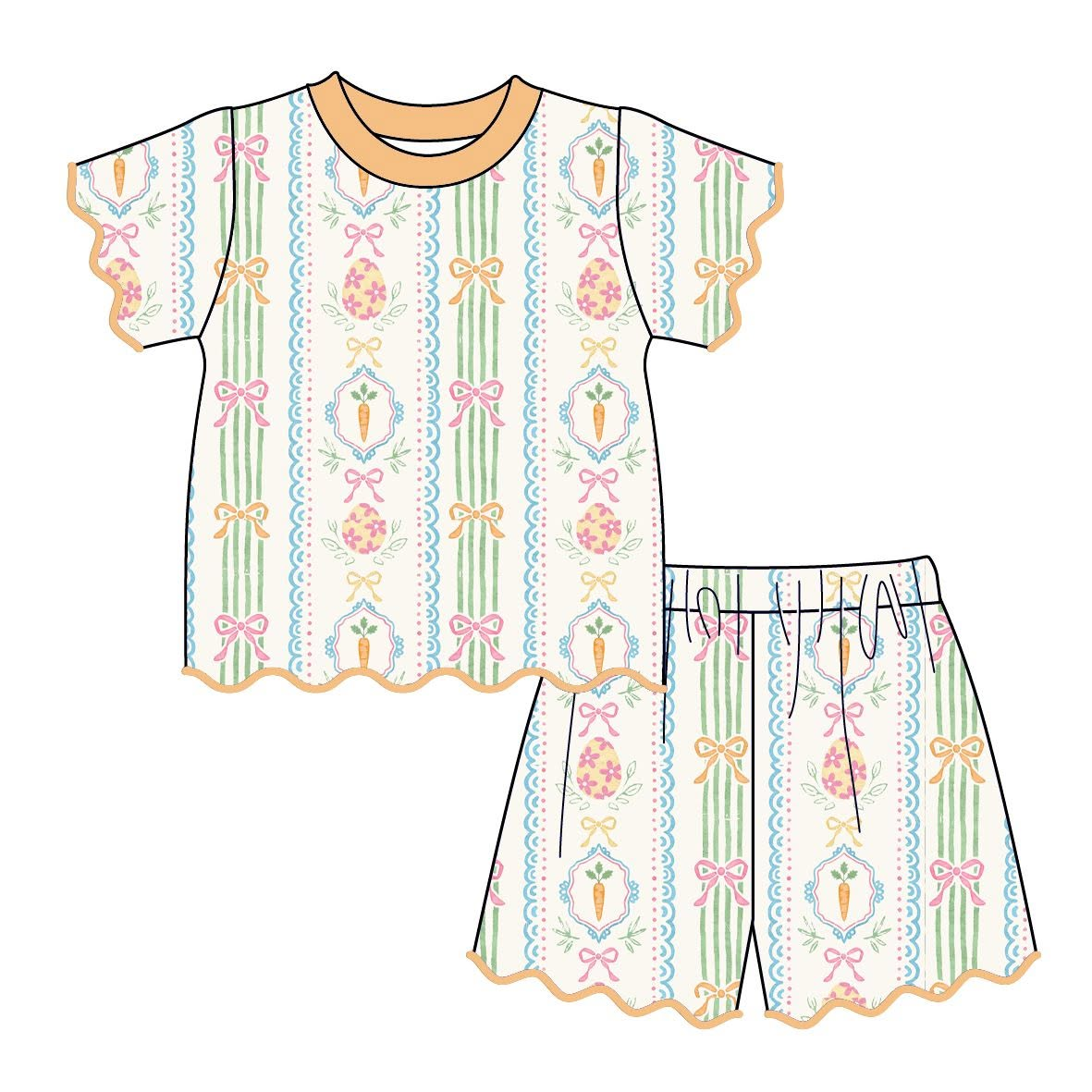 Preorder MOQ 5 pcs GSSO3879 Easter Eggs Carrots Orange Scallop Edge Girls Shorts Set