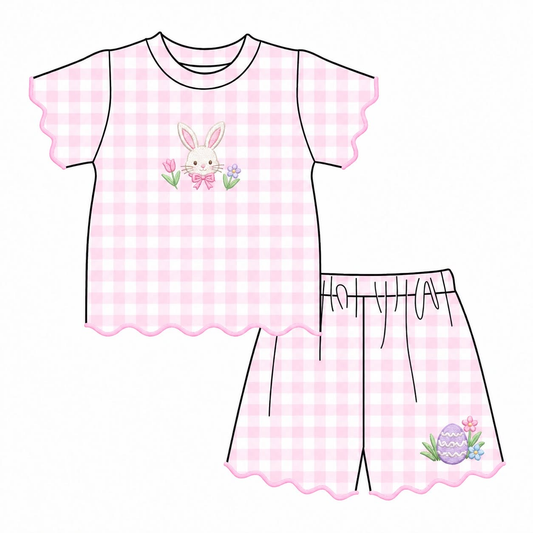 Preorder MOQ 5 pcs GSSO3880 Easter Bunny Flower Plaid Pink Scallop Edge Girls Shorts Set