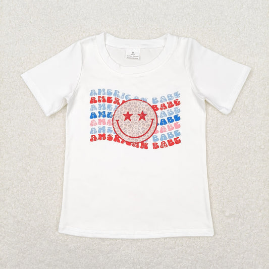 GT0502 american babe leopard print smiley face white short-sleeved top high quality wholesale children boutique clothing
