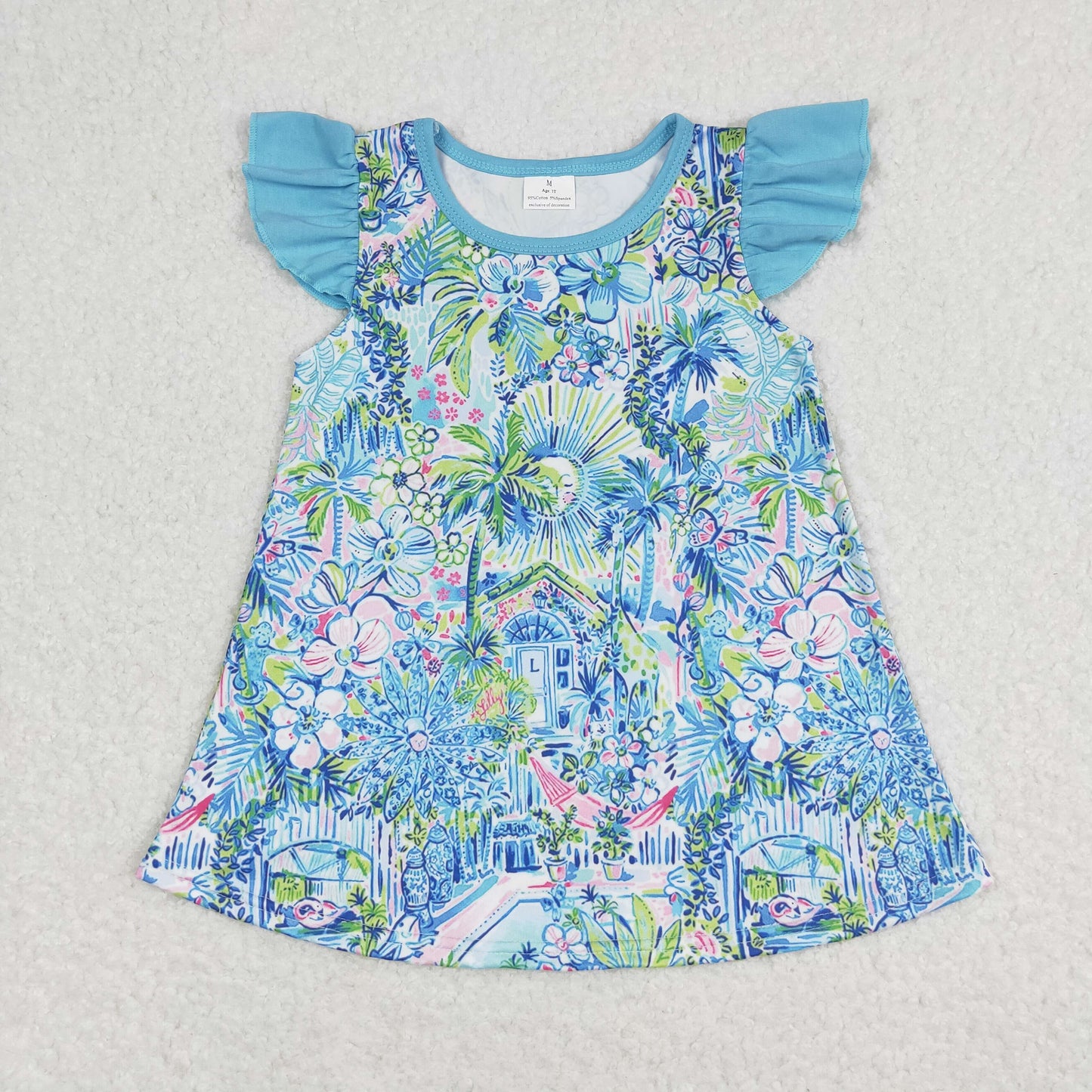 GT0562 Flower pattern blue flying sleeve top high quality kids clothing dresses