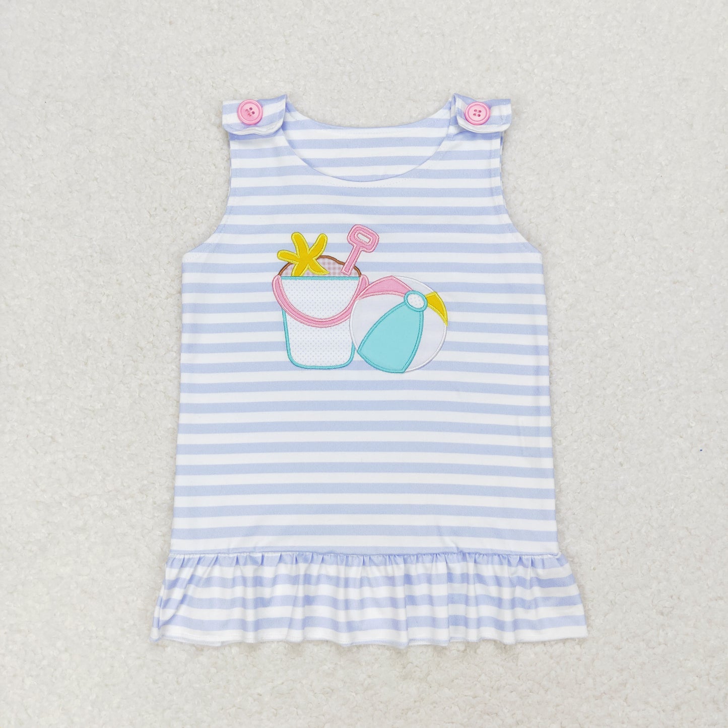 GT0568 Embroidered beach ball Starfish barrel blue and white striped sleeveless top high quality wholesale custom kids clothing
