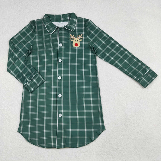 GT0621 Adult female Christmas Deer Embroidered Green Plaid Button Long Sleeve Top 202509 RTS