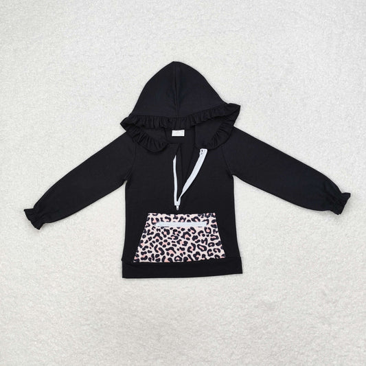 GT0624 Leopard print pocket zipper black hooded long-sleeved top
