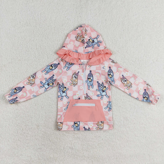 GT0633 NO MOQ bluey Rainbow floral plaid pink pocket lace zipper hooded long-sleeved top