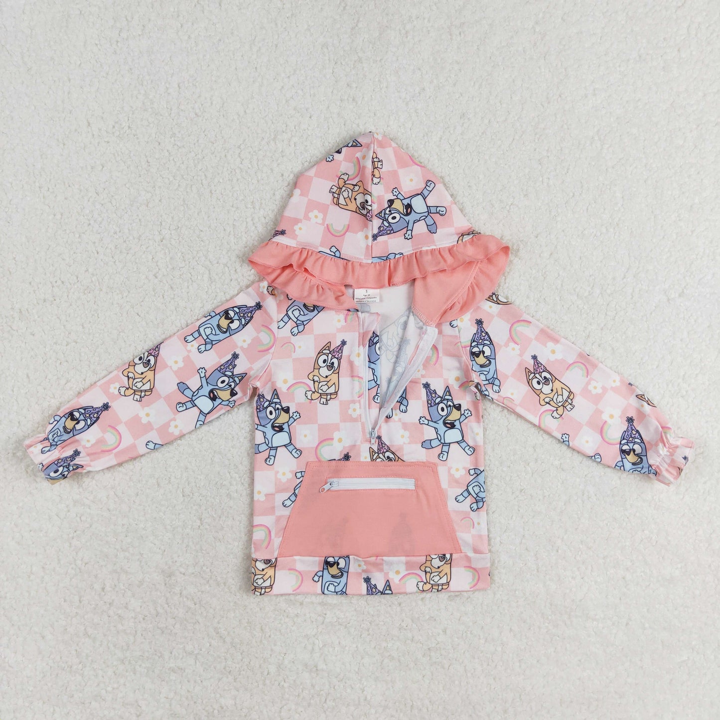 GT0633 NO MOQ bluey Rainbow floral plaid pink pocket lace zipper hooded long-sleeved top