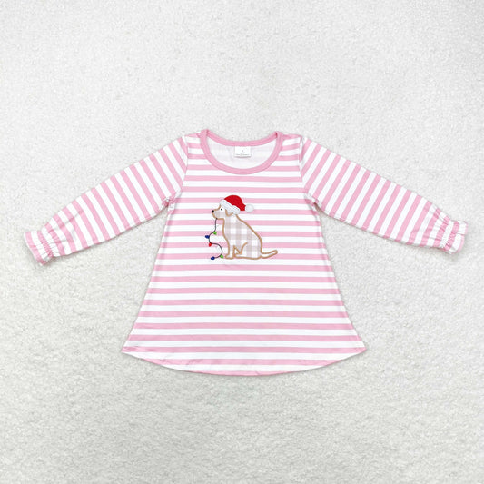 GT0659 Embroidered Santa hat dog lights striped pink white long-sleeved top