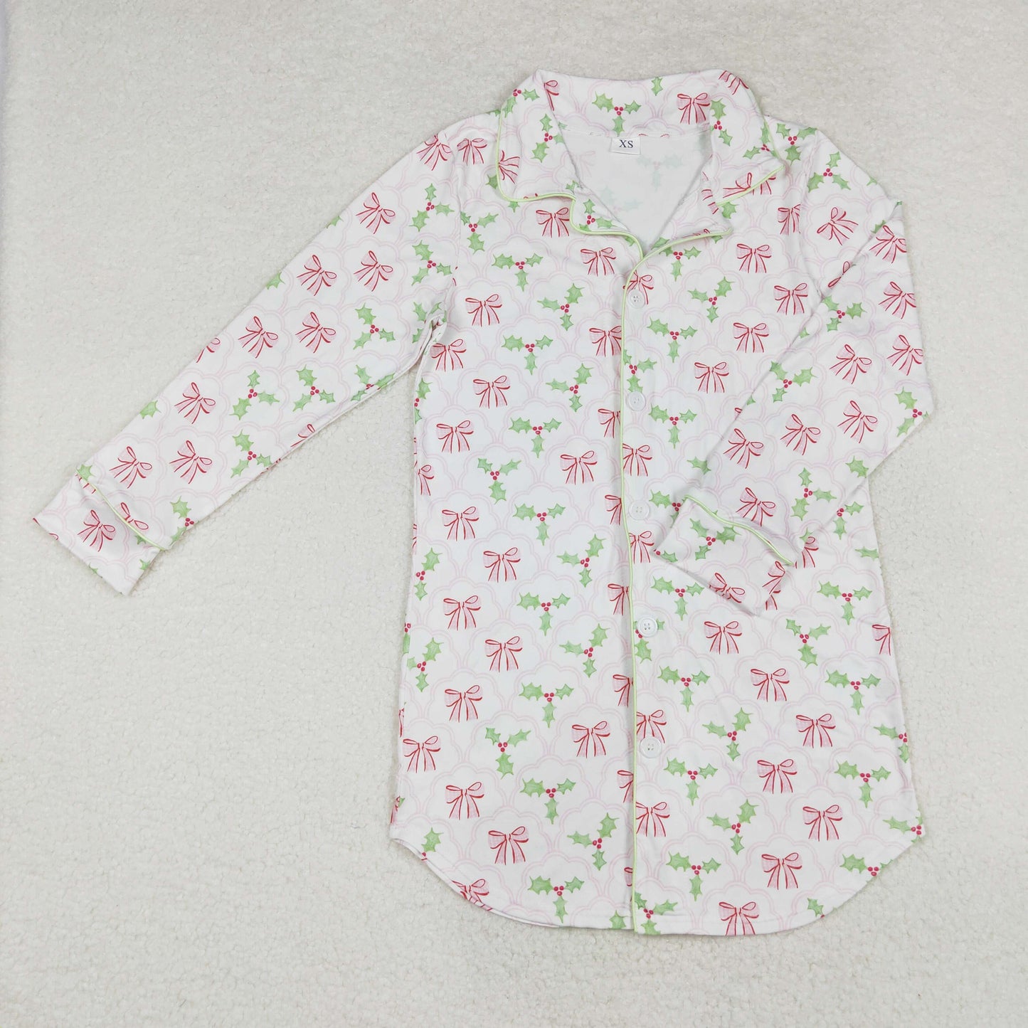 GT0661 Adult female pink bow pattern leaves white long sleeve top