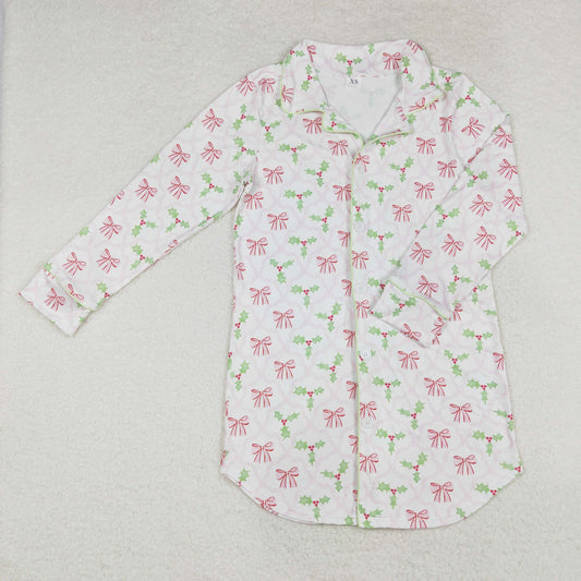 GT0661 Adult female pink bow pattern leaves white long sleeve top