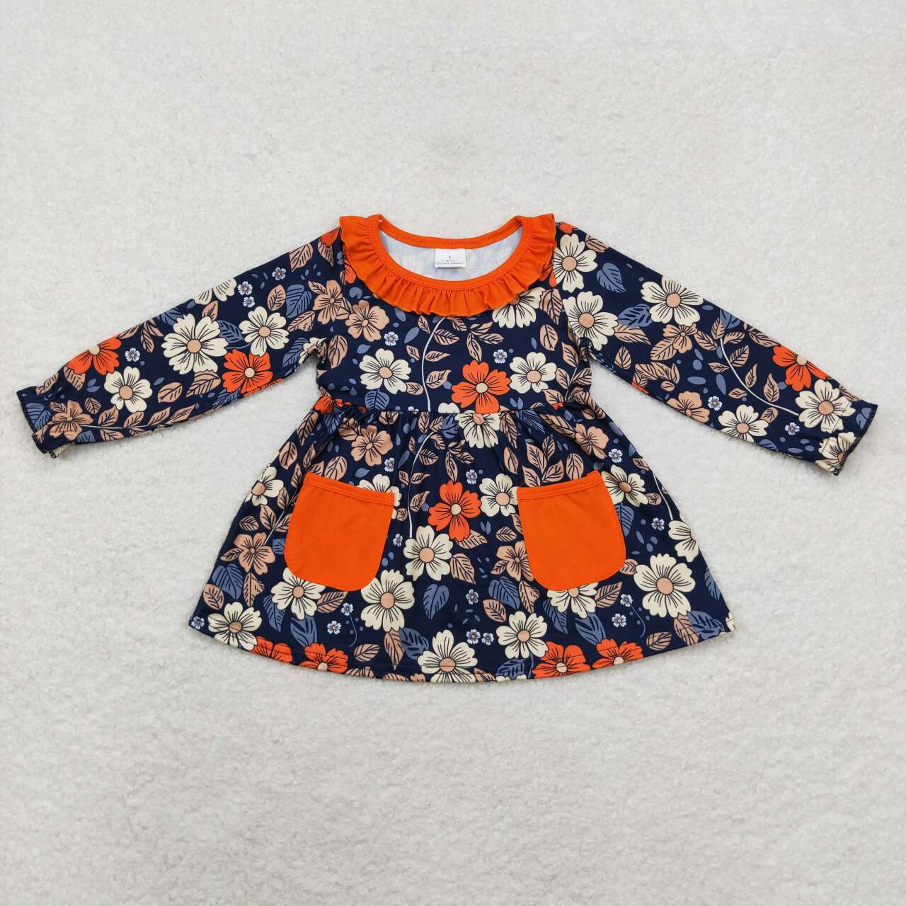 GT0691 Navy blue long-sleeved blouse with floral orange lace pockets