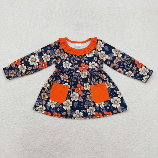 GT0691 Navy blue long-sleeved blouse with floral orange lace pockets