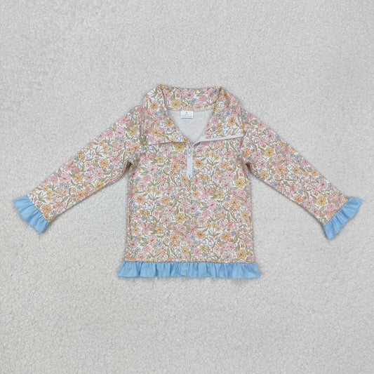 GT0722 Valentines girls boutique outfits Orange flower Blue Ruddle outfit Stand-up zipper shirts RTS202412